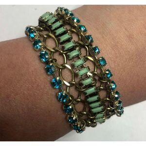 1340 fossil multi strand toggle blue CZ aqua Bracelet goldtone